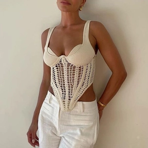 Women Sexy Hollow Out Crochet Knit Corset Top Fishbone Slim Fit Mesh Sleeveless Bustier V Hem Back Zipper Party Cami Tank Top