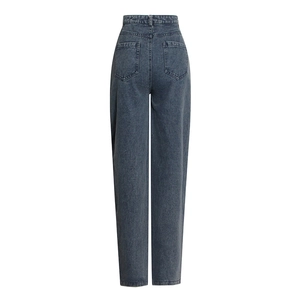 Rear view of high-waisted wide-leg denim jeans in dark blue grey with back pockets