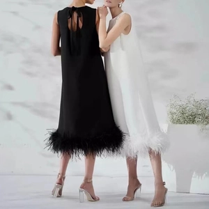 Women's Elegant Sleeveless Round Neck Maxi Dress Feather Trim Hem Back Cutout Bow Detailed Evening Party Banquet Dress