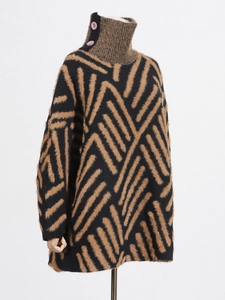 Chic high-collar knitted sweater with brown geometric stripes and decorative side buttons