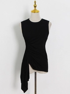 Slim fit black sleeveless T-shirt featuring asymmetric ruffles and side drawstring detail