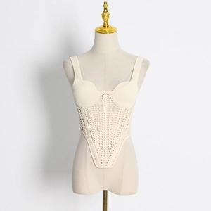 Chic cream-white knitted corset top featuring hollow out patterns and wide straps