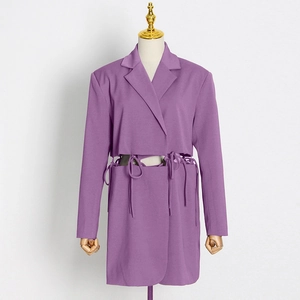 Purple long sleeve cutout blazer dress with side drawstring detail and notched lapel