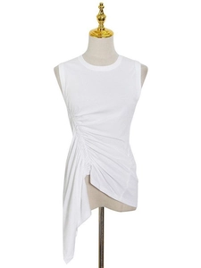 Slim fit white sleeveless ruffles top with asymmetric hem and ruched details for women