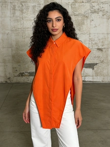 Modern bright orange sleeveless shirt with asymmetric hem and notched lapels for women