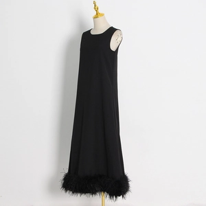Elegant sleeveless black A-line long dress with feather hem detail and round neckline