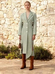 Women Casual Suit Collar Cut Out Long Trench Coat Sage Green Belted Waist Slim Fit Elegant Hollow Out Outwear Coat
