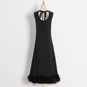 Detail of elegant black sleeveless dress with feathered hem and back bow cutout