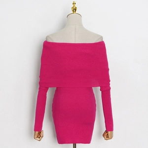 Detail of rose red off-shoulder knit dress with ribbed texture and slim fit design
