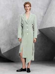Elegant mint green longline trench dress with waist cutouts and chic drawstring details
