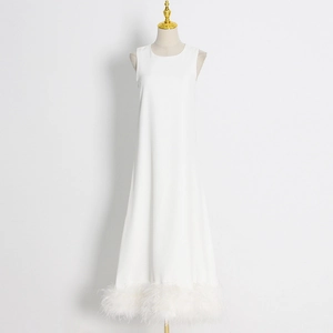 Elegant white sleeveless round neck A-line dress featuring luxurious feather trim hem
