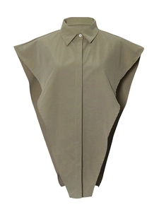 Olive green sleeveless structured shirt with sharp shoulder cut and inverted triangle silhouette