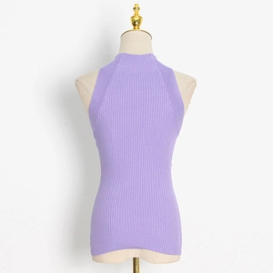 Detail of lavender rib-knit sleeveless top showing halter-style back on a mannequin
