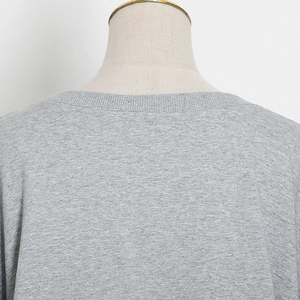 Detailed close-up of ribbed crewneck neckline on a grey knit sweatshirt fabric
