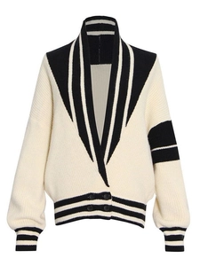 Gilet en maille décontracté blanc crème à rayures noires avec décolleté en V de style français