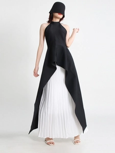 Elegant halter neck asymmetrical top with white pleated maxi skirt two-piece formal dress set