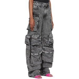 Loose fit multi-pocket acid wash gray cargo jeans with vintage street style silhouette