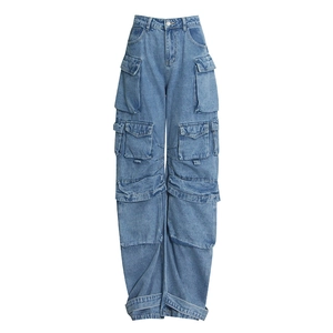 Fashionable washed blue multi-pocket cargo pants with high waist and wide leg cut