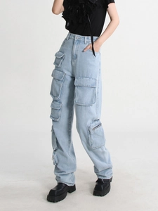 Women High Waisted Light Blue Cargo Denim Jeans Wide Leg Multi Pocket Spliced Straight Streetwear Baggy Long Pants