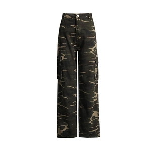 Detail of high waist camo cargo jeans with large side flap pockets and button closure