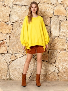 Women Casual Cotton Blend Oversized Sweatshirt Round Neck Lantern Sleeve Loose Pullover Top Solid Color Batwing Sleeve Streetwear