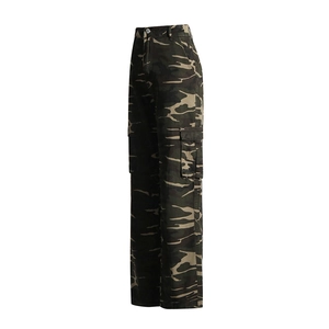 Detail view of high waist camouflage cargo jeans with side flap pockets and wide leg cut