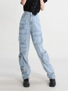 High-waisted light blue wide-leg cargo jeans with multiple utility pockets for women