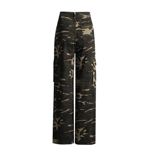 Detail view of camouflage cargo pants featuring large flap pockets and high-waist straight cut