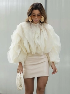 Elegant white organza blouse with tiered ruffles and chic puff sleeves for women