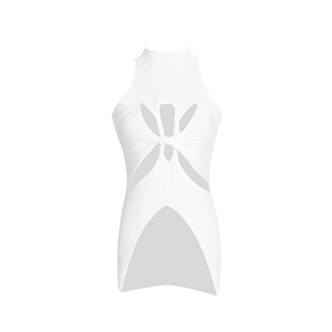 Slim fit white ribbed knit halter top with hollow-out twist design and high neck
