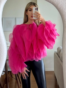 Elegante Damen Mehrlagige Mesh Patchwork Bluse Einfarbig Kurz geschnittenes Rüschenoberteil Rundhals Puffärmel Polyesterhemd
