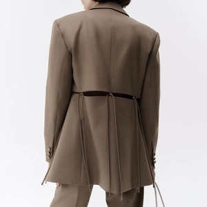 Coffee brown blazer featuring stylish back cutout design and vertical tie-up strap details