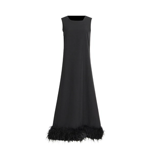 Elegant sleeveless black long dress featuring a round neck and feather-trimmed hemline