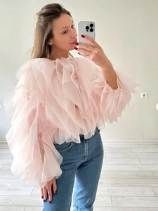 French style light pink sheer ruffled blouse with tiered organza design and round neck