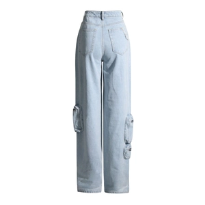 Detail view of high-waisted light blue cargo jeans with functional side pockets and back pockets