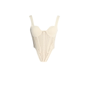Sexy cream white hollow knit corset vest with crochet details and slimming waist design