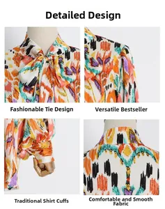 Detail shots of colorful abstract print shirt featuring bow-tie neck and buttoned cuffs