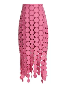 Jupe mi-longue rose fuchsia à broderie évidée et ourlet à franges pour femmes