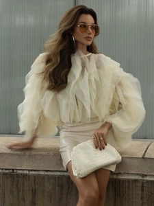 French style white ruffled blouse and cream leather mini skirt outfit for women