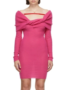 Chic off-the-shoulder fuchsia knitted dress with twist detail and red chest strap accent