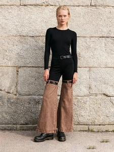 Pantalones Vaqueros Acampanados de Cintura Alta para Mujer Patchwork Pierna Ancha Negro Caqui Denim con Hebilla Decorativa