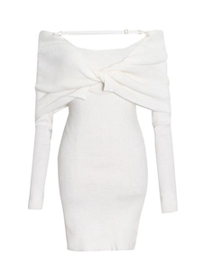 White off-shoulder knit mini dress with twisted knot detail and slim fit long sleeves