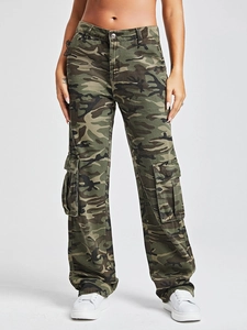 Women Camouflage Cargo Pants High Waist Streetwear Wide Leg Straight Long Trousers With Pockets Casual Outdoor Bottoms