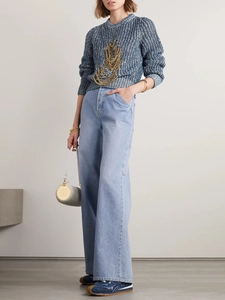 Women Knit Sweater Gold Chain Decor Blue White Mixed Distressed Cutout Round Neck Long Sleeve Chic Pullover Top
