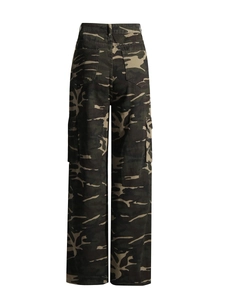 Women's high waist camouflage wide leg cargo jeans with multiple pockets on the back view