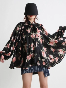 Retro floral long-sleeve blouse with large bow tie neck and pink rose print pattern