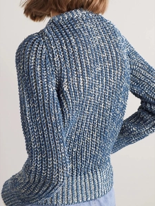 Blue and white chunky knit sweater for women featuring decorative chain and open back detail