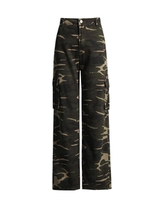 Women's high-waisted camouflage wide-leg cargo jeans with large side flap pockets