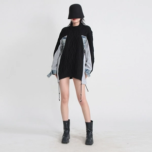 Detailed knit sweater with patchwork denim fabric and drawstring side adjustments