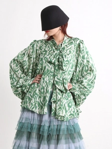 Vintage green abstract print blouse with bow tie neck and puff sleeves for women
